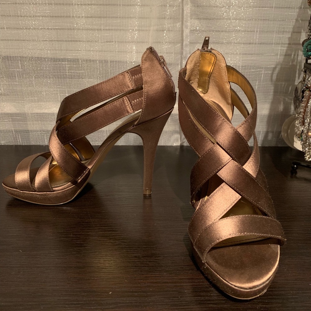 Bronze strappy satin zipper back heels